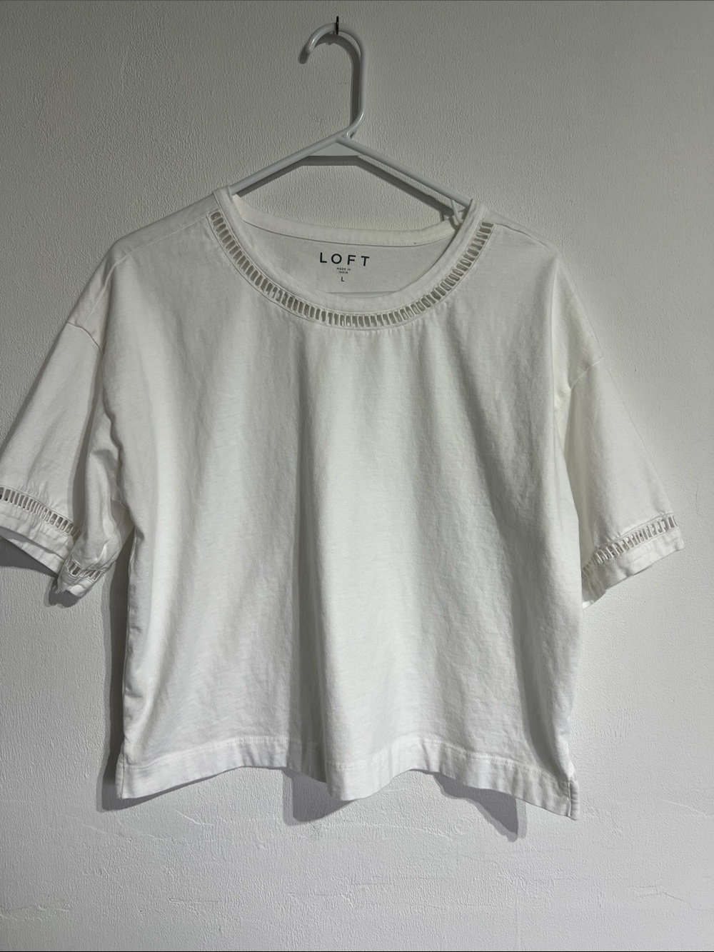 LOFT White Short Sleeve Tee with Eyelet Trim